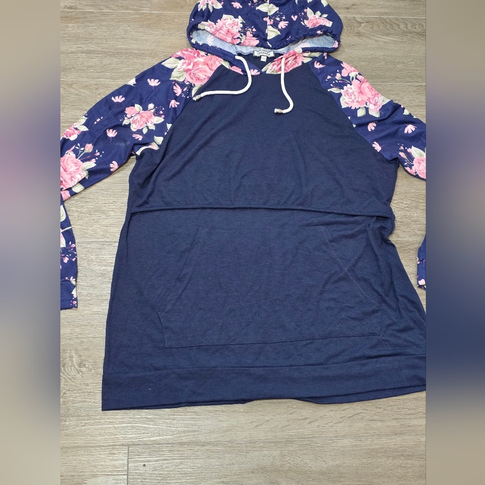 New BreastFeeding Maternity Hoodie Shirt Womans Sz XXL Ginkana Navy Blue Flowers - Picture 3 of 7